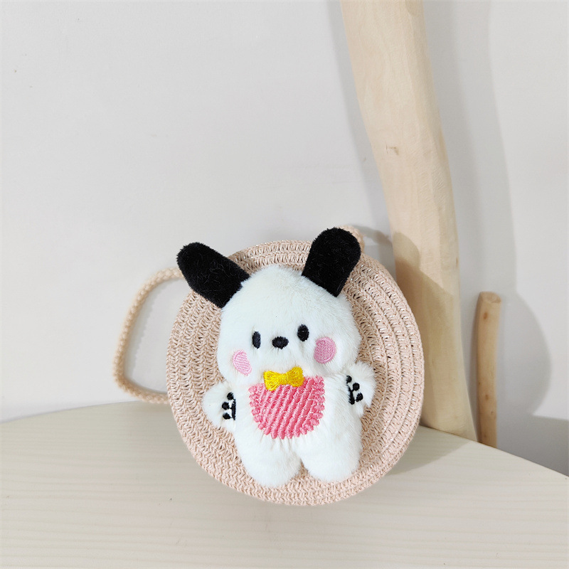 Verano de los niños de paja lindo babero cachorro crossbody pequeño bolso redondo niños y niñas al aire libre ligero dibujos animados tejida BOLSA DE PAJA