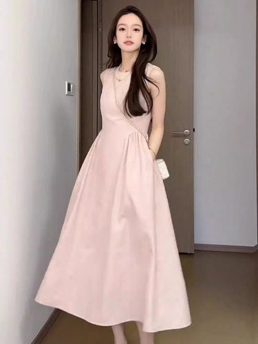 French-style gentle temperament pink sleeveless backless dress, beautiful, unique, high-end, waist-cinching A-line long dress for summer