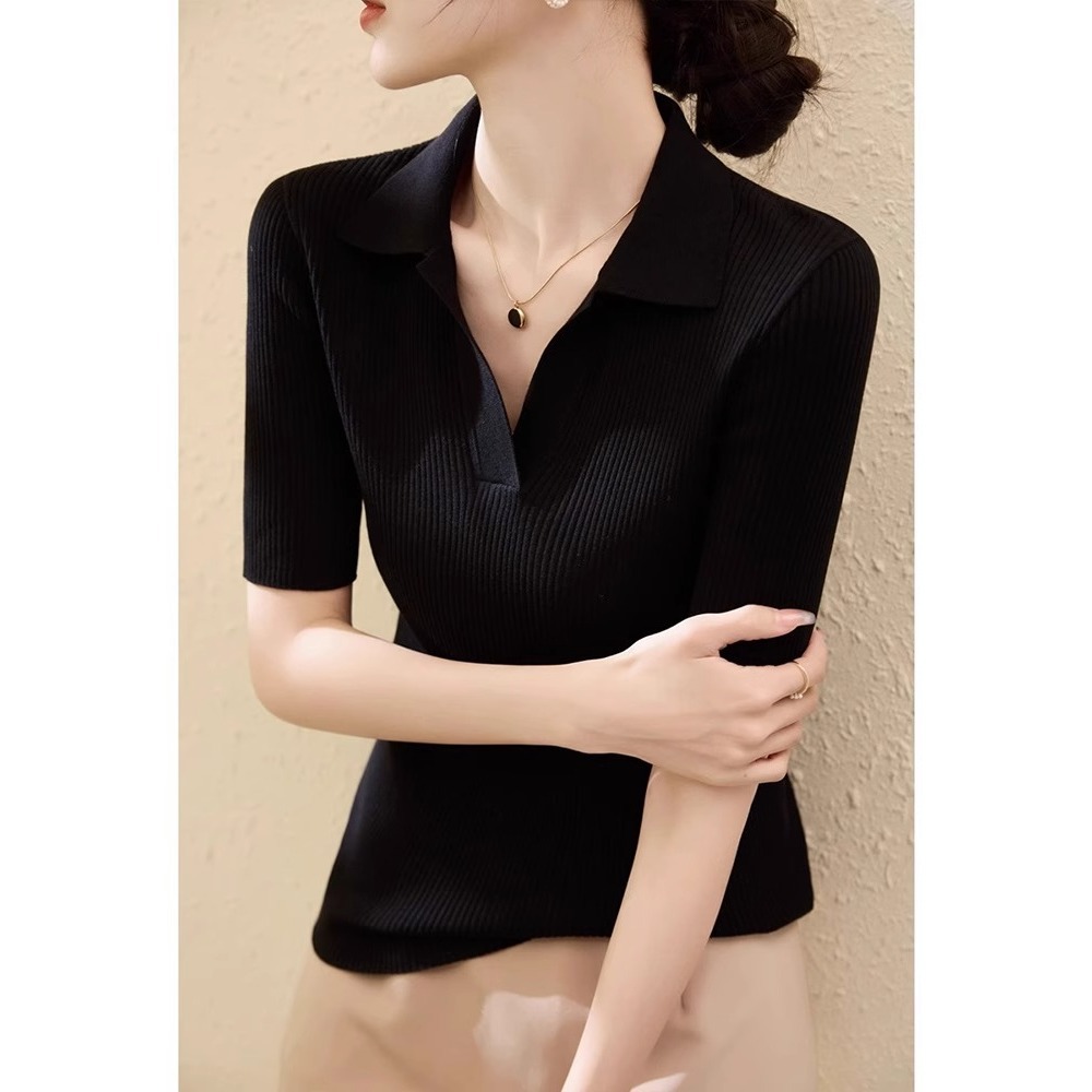 Áo thun dệt kim dáng ôm cổ chữ V nửa hở tay ngắn chất Lyocell Tencel mùa hè — Màu đen