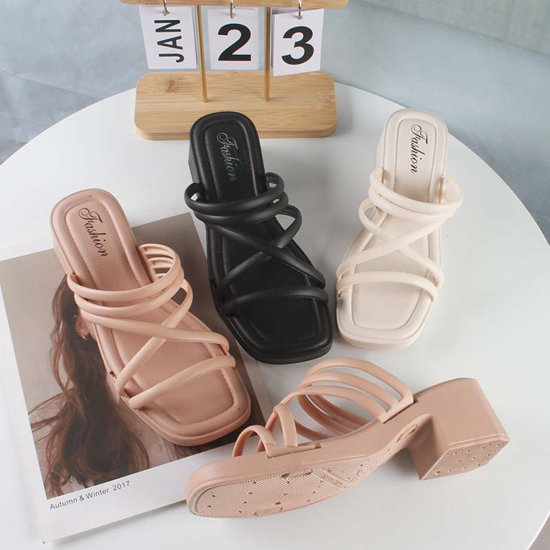Summer fashionable solid color sandals square toe wedge heel for…