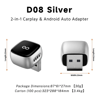 Apple and Android 2-in-1 wired-to-wireless CarPlay adapter, in-car connectivity converter, smart car system box (Simsiz CarPlay və Android Auto) - d08-silver-2-in-1-car-connectivity-box-compatible-with-apple-and-android-phones-from-overseas