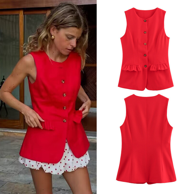 Foreign Trade Wholesale European and American Style 2025 Summer Fashion Elegant Round Neck Sleeveless Vest Vest Cardigan Top for Women A15020