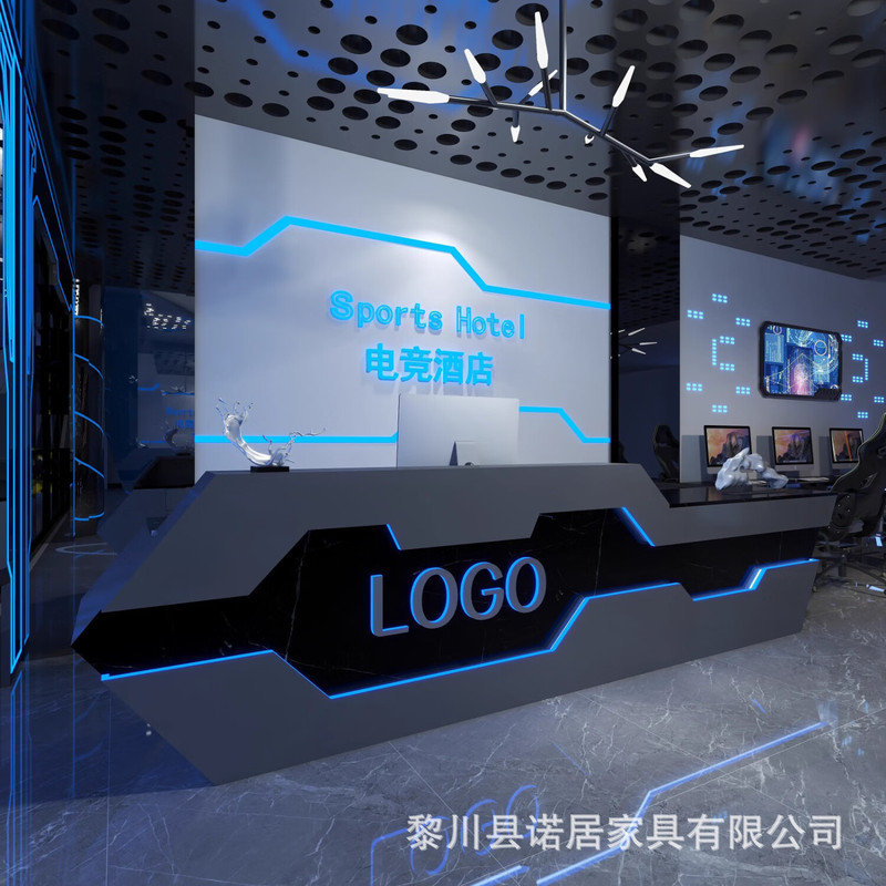 Eスポーツホテルの受付デスク、クリエイティブで軽い高級ビリヤードホール、バーテーブル、インターネットカフェ、レジ、塗装された特殊な形状のフロントデスク|undefined
