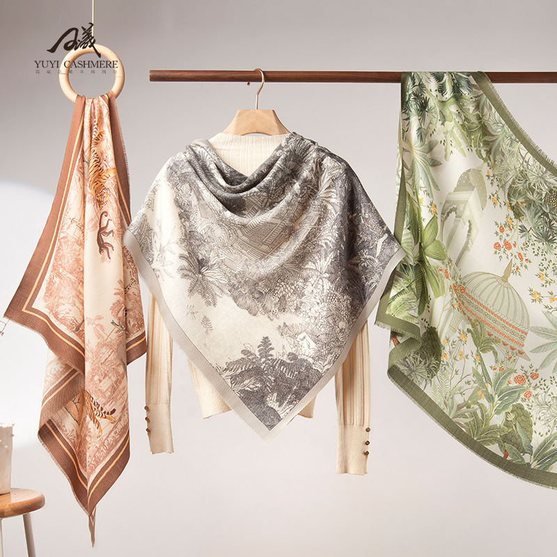 Spring and Summer All Year Round Thin Silk Wool Square Scarf Women's 200 Ethnic Shawl Scarf Air Conditioning Scarf Women's Factory Customization