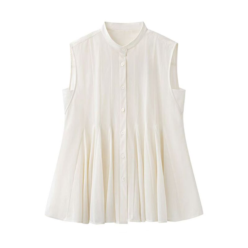 Dijia Women's Clothing 2026 Summer New French Style Stand Collar Pleated Sleeveless Round Neck Shirt Top Women 6929