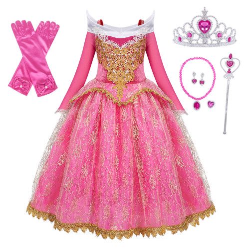 Princess Sleeping Beauty Aria Princess Dress, Long-Sleeve Girl Christmas Formal Dress, Pink Red Dress for 3-8 Years Old