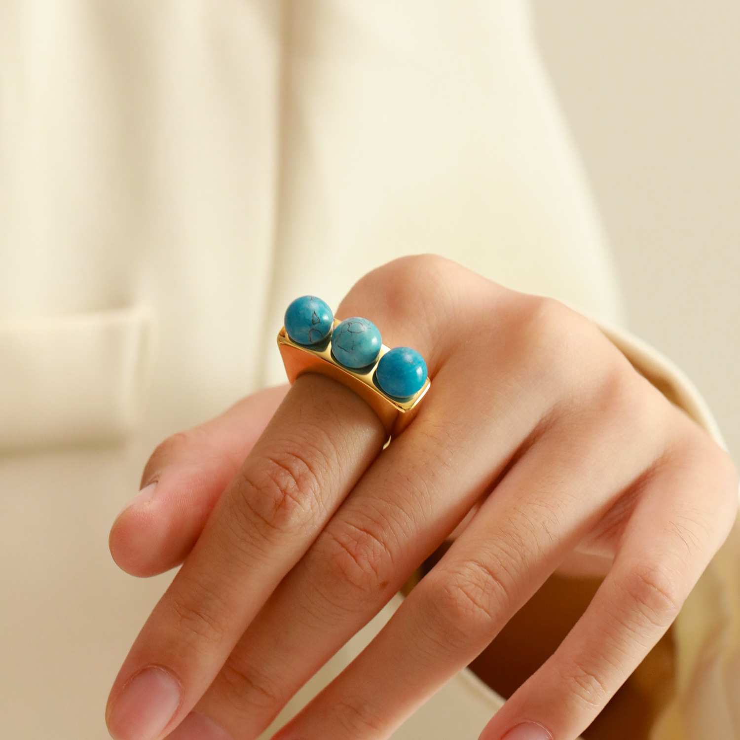 13g Weight Artificial Pearls, December Birthstone Turquoise Inlay Material Rings Classification 1 Piece Quantity Banquet, Party Occasion Titanium Steel Material Geometric Pattern Women's Gender Plating, Inlay Design Elegant, Glam Style Titanium Steel Elegant Glam Geometric Plating Inlay Artificial Pearls Turquoise Rings 2