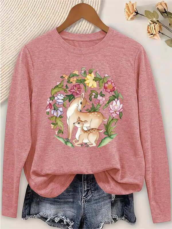 Women's Casual Long Sleeve Round Neck T-Shirt with Deer and Print, Soft Purple, Versatile for Everyday Wear, Wholesale