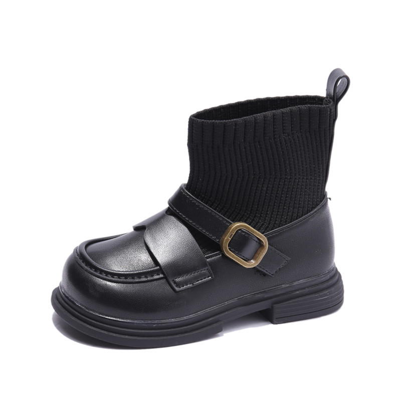 Nouvelles chaussettes tricotées d'hiver pour petites filles Bottines à semelles souples Bottines noires en cuir pour bébé pour enfants_voghion.com