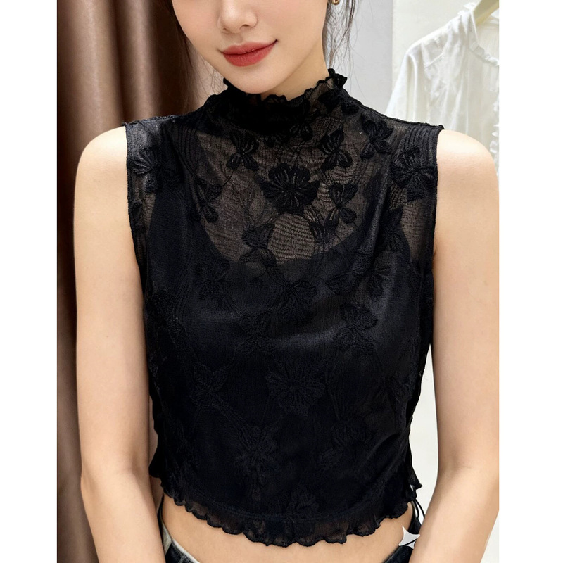 Half-turtleneck mesh layered base shirt for women, spring and autumn, with ruffled trim, sleeveless inner vest, thin lace faux collar Half-turtleneck mesh layered base shirt for women, spring and autumn, with ruffled trim, sleeveless inner vest, thin lace faux collar