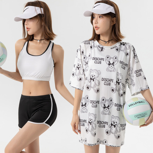 2025 three-piece set sporty casual bear print cartoon cute student Korean style short-sleeve hot spring swimsuit for women