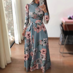 WISH Amazon 2025 秋の新ヨーロッパとアメリカンスタイルのフラワープリント半袖大裾ドレス婦人服