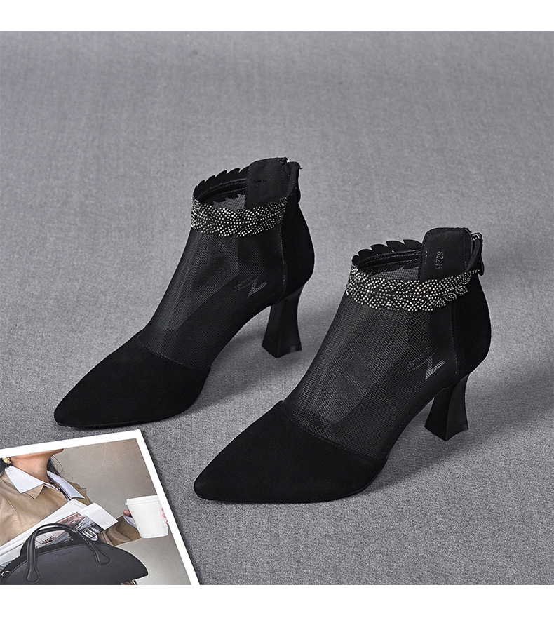 Boot lưới nữ cao gót mùa hè, cổ thấp, chất liệu da thật thoáng khí — Màu Đen Cashmere + lưới chi tiết 12