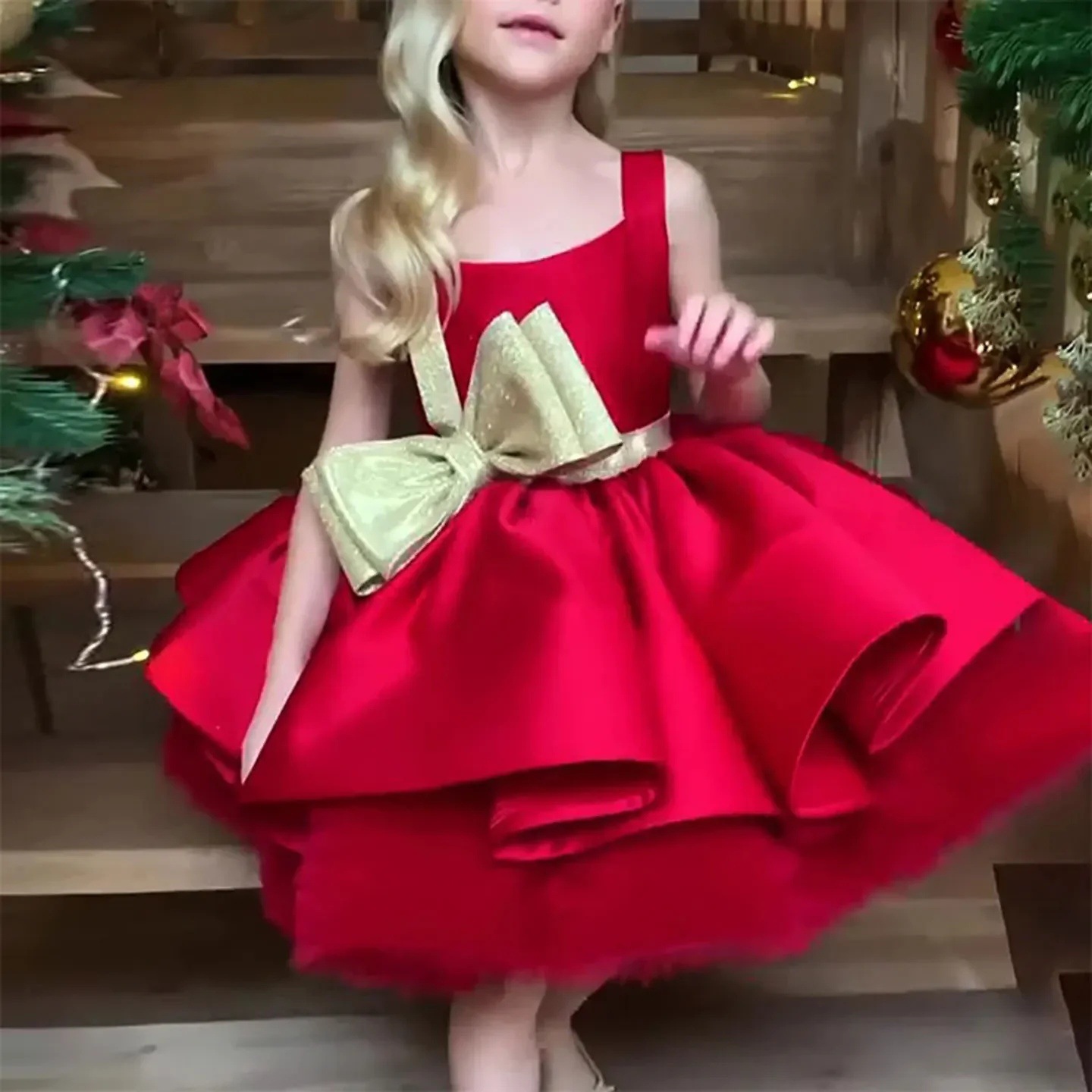 Red Flower Girl Wedding Bow Satin Sequin For Girls Children Christmas Party Princess Dress_voghion.com