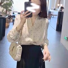 雪纺衬衫女长袖春秋季女装法式圆点V领小衫上衣气质职业打底衬衣