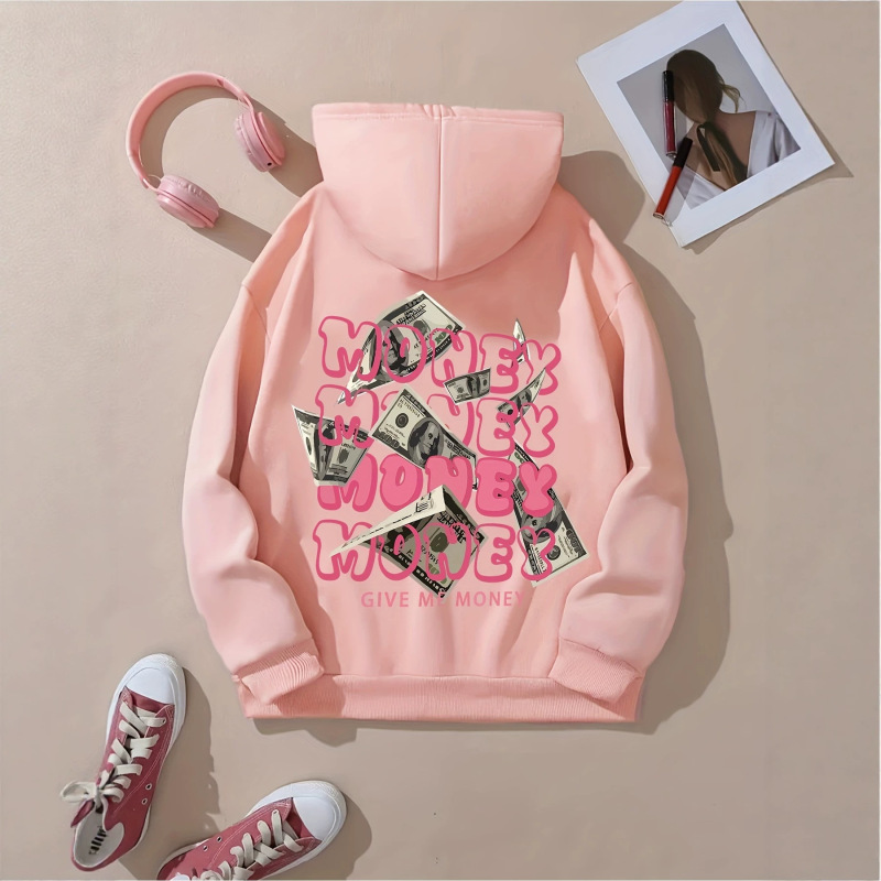 European and American hip-hop style hoodie with scattered dollar bill print on the back, pink and black contrasting bubble font, unisex casual wear European and American hip-hop style hoodie with scattered dollar bill print on the back, pink and black contrasting bubble font, unisex casual wear