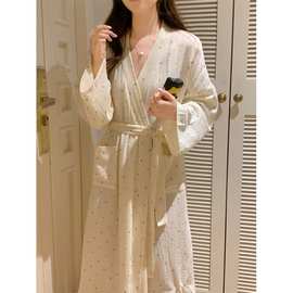 跨境专供外贸早春新款睡袍女纯绵纱布浴袍长款彩色圆点家居服睡袍