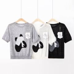 博伟熊猫刺绣针织衫女2025新款小众高级感圆领修身显瘦羊毛上衣女