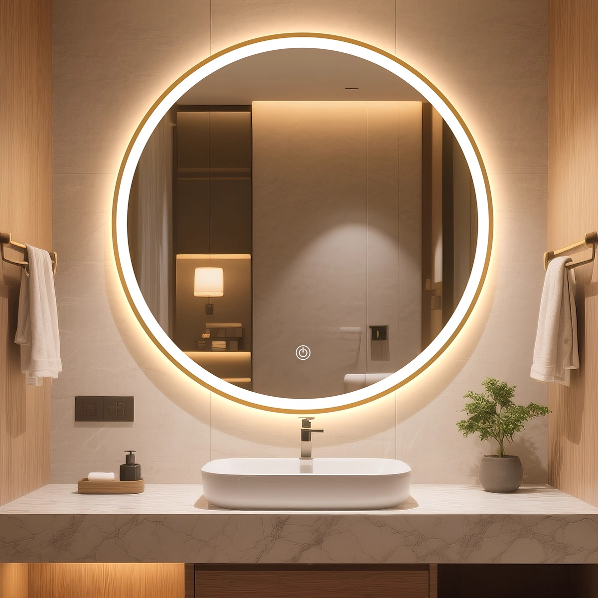 Espejo de baño inteligente Espejo circular Espejo de pantalla táctil Espejo luminoso Espejo de maquillaje montado en la pared Espejo de maquillaje anti-fog