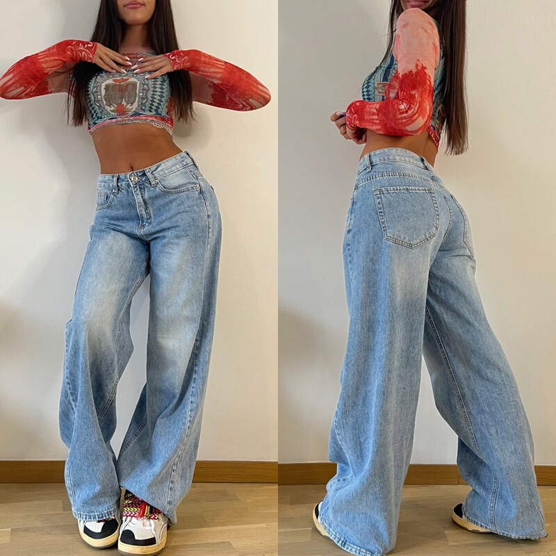 European and American Cross-Border New Style Retro American Long Wide-Leg Pants Hot Girl Loose Jeans Women's High-Waisted Straight