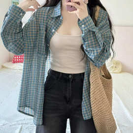 韩系蓝色格纹防晒衬衫外套女夏季新款设计感宽松百搭衬衣气质上衣