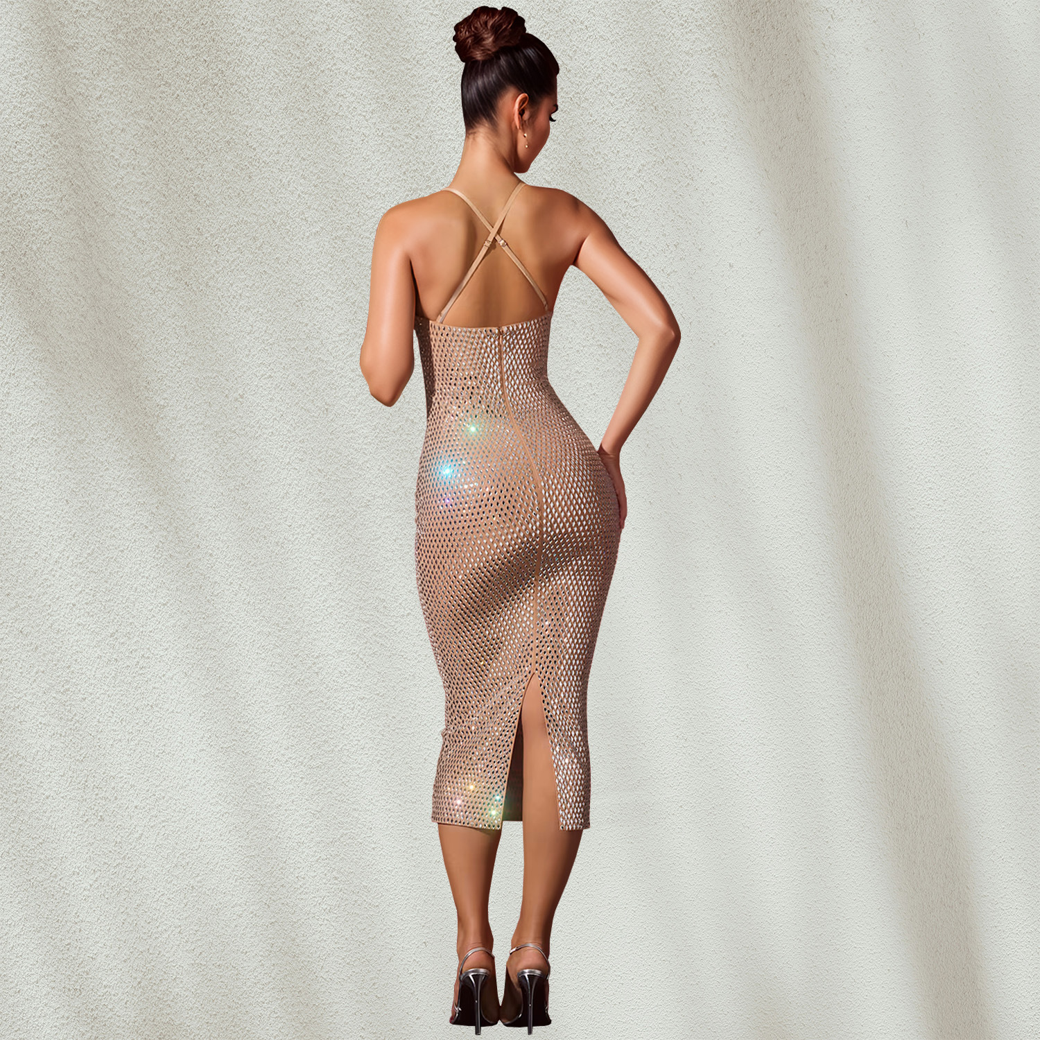 Women Wear Rhinestone Slim Fit Arm Covering Solid Color Sexy Dress