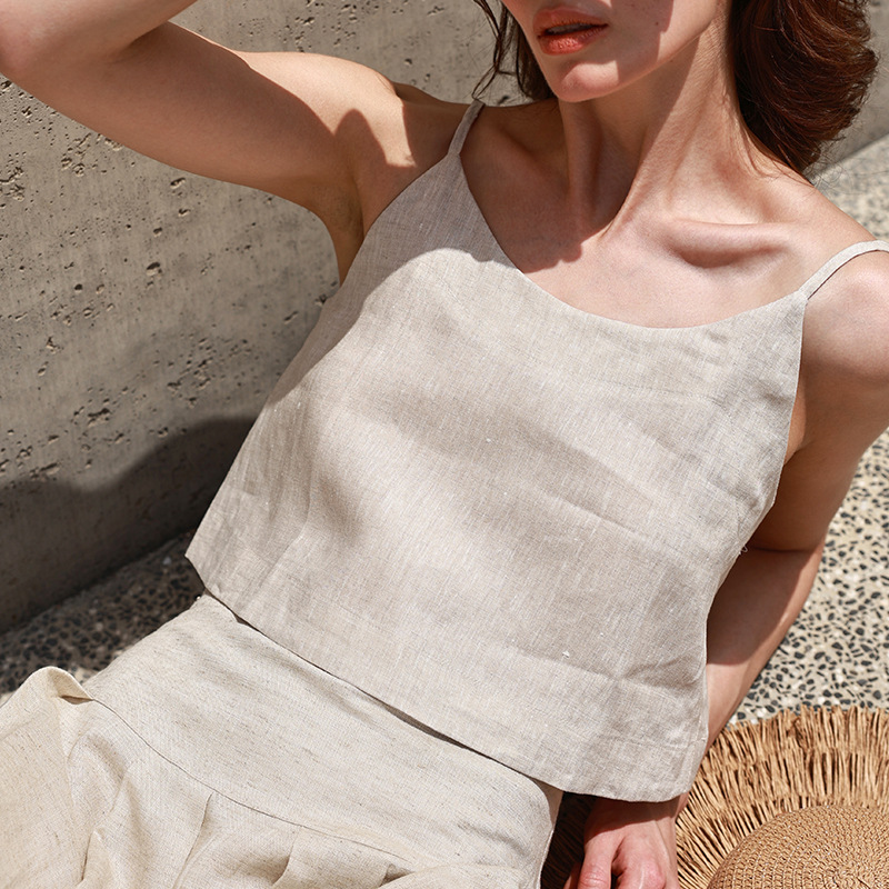 European and American Linen Sling Shirt Navel Leakage Short Top Summer Cool Breathable Vest Round Neck Base Casual A- Shirt