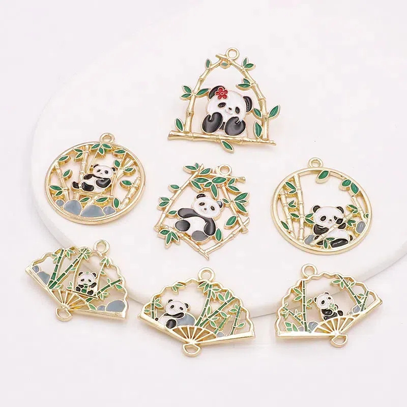 diy饰品合金滴油熊猫竹节扇子熊猫竹节花环车载耳饰钥匙扣配件