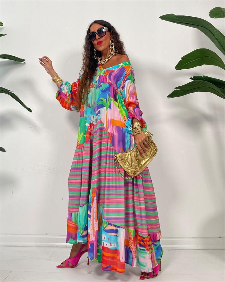 Swing Dress Dresses Type Regular Sleeve Sleeve Type Tencel, Spandex Fabric Type Wholesale Women's Vintage Style Printing Color Block Daily V Neck Long Sleeve Swing Dress