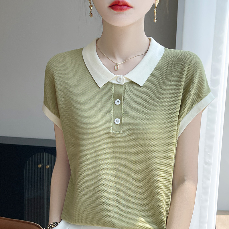 2025 New Summer Tencel Knitwear Short-Sleeved Women's Thin Lapel Contrast Color T-Shirt Fashionable Women's Tops
