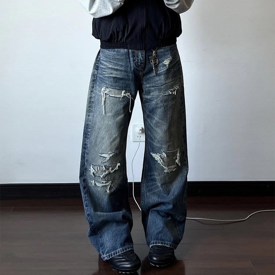 Men's Distressed Washed Denim Jeans With Rip & Frayed Details, Loose Fit Straight Leg Pants, Vintage Streetwear Style For Casual Wear_mkmklike.com