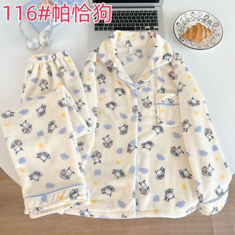 Otoño y invierno pijamas de coral de terciopelo engrosado conjunto de pijamas de dibujos animados ocio calentamiento de franela pantalones de mangas largas se pueden usar fuera