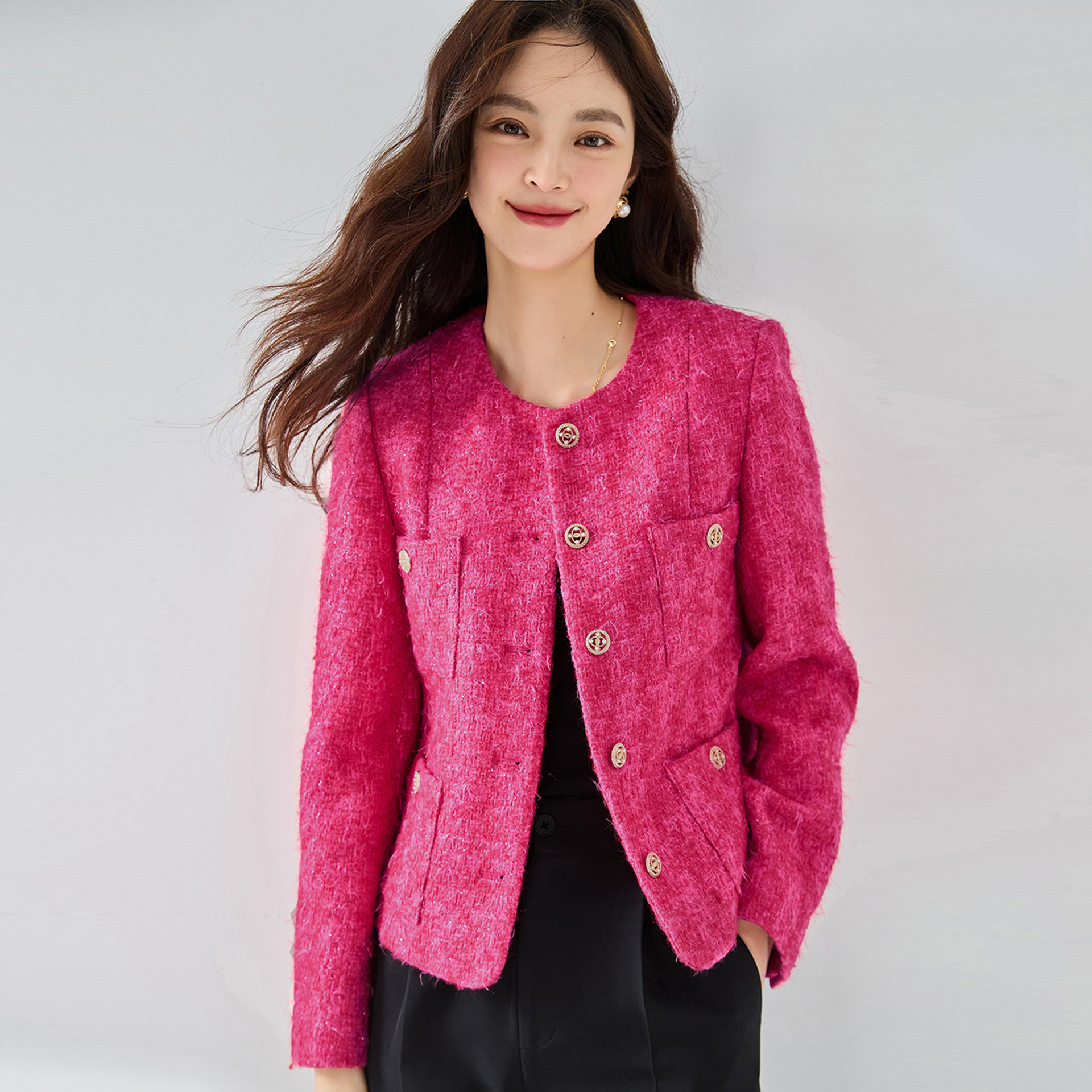 23 otoño alto lujo pequeño * Chanel estilo corto abrigo de color blanco pequeño cuello redondo lana tejida abrigo corto 15388