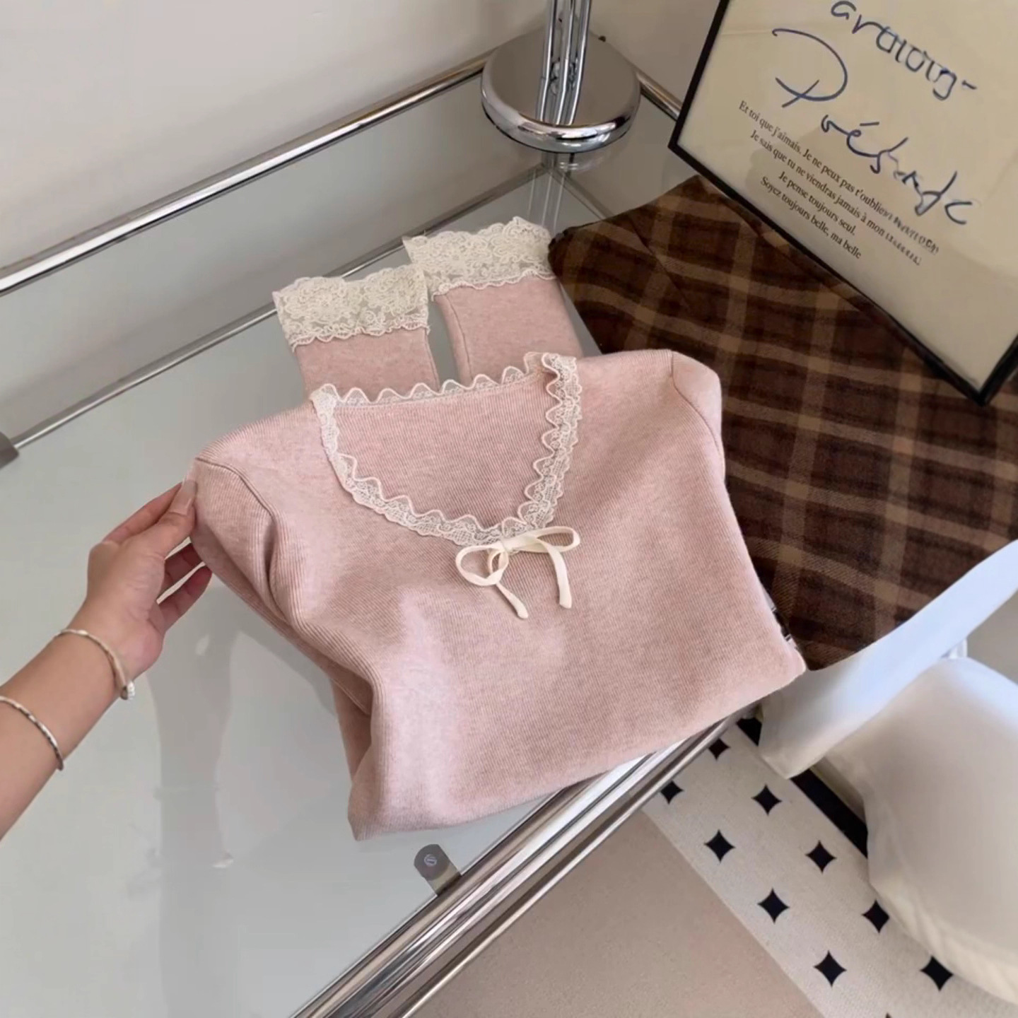 miu系v领蕾丝拼接蝴蝶结系带打底衫女春秋纯欲内搭毛衣针织衫上衣