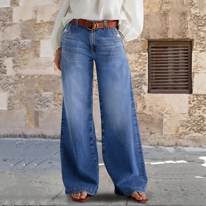 Cross-Border Shein Amazon Temu European and American Washed Stretch Jeans Wide-Leg Mid-Waist Women's Jeans Without Belt