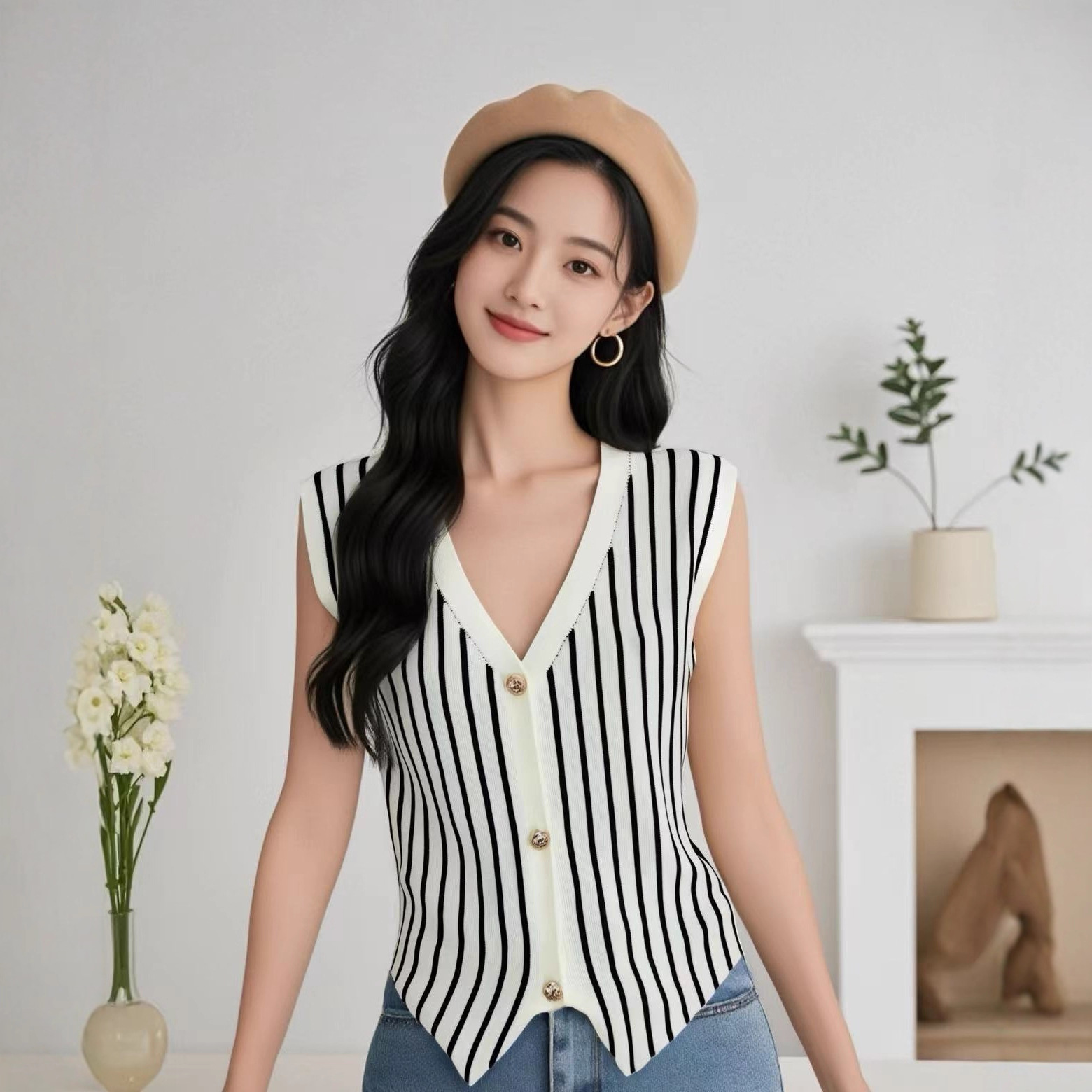 条纹V领无袖背心单排扣针织马甲女夏季新款韩版不规则短款上衣女