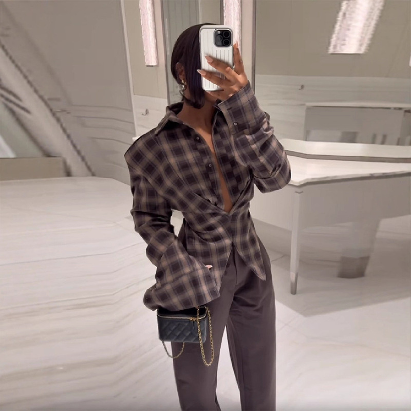 Plaid Waist-Cinching Button-Down Long-Sleeve Shirt with a Stylish Design, 2025 Fashion Women's New Casual Versatile Jacket for Autumn