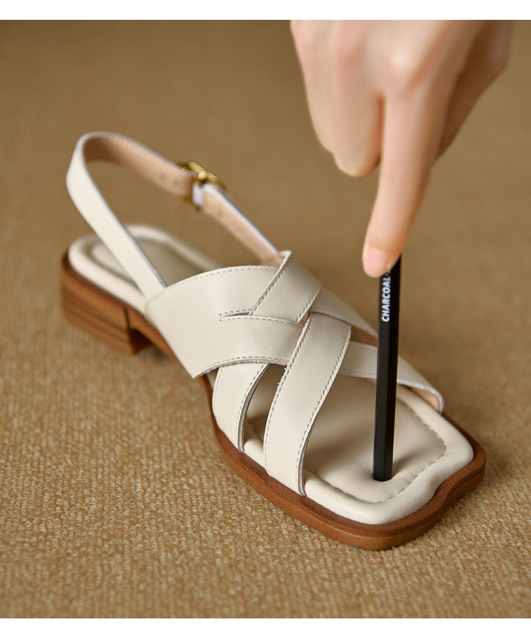 Dép sandal nữ da bò dệt thủ công kiểu La Mã đế bằng — nâu chi tiết 3