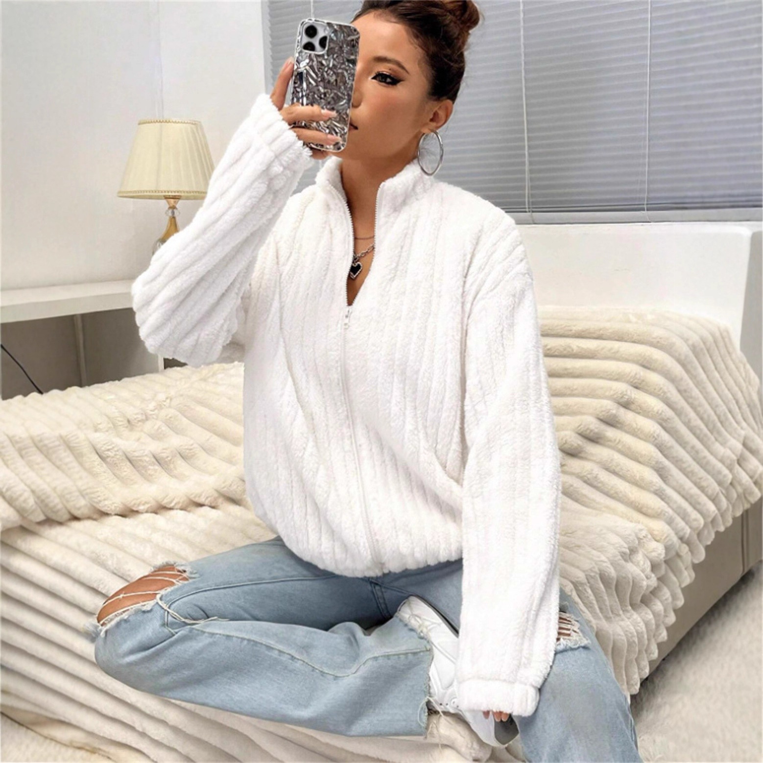 Women's Plush Fur Cardigan Coat – Stand Collar Short Jacket For Autumn & Winter (Sizes S-XL)_voghion.com