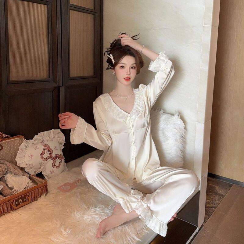2025 Spring and Summer Satin Thin Long-sleeved Trousers suit Solid Color Pajamas Women's Home Clothes Women's Cardigan Doll Collar 2025 Spring and Summer Satin Thin Long-sleeved Trousers suit Solid Color Pajamas Women's Home Clothes Women's Cardigan Doll Collar