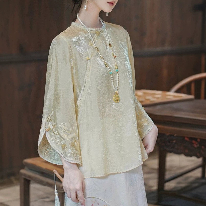 Light Luxury New Chinese Style Women's Tops, Rayon Jacquard Embroidery, Light National Style Shirts, Niche Design, Elegant and Versatile T-Shirts