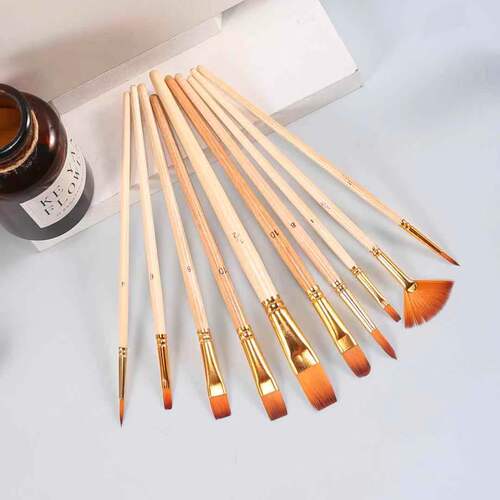 10 brushes, two-color nylon hair combination wooden pole watercolor brush, can be customized with fan-shaped watercolor brush from the manufacturer