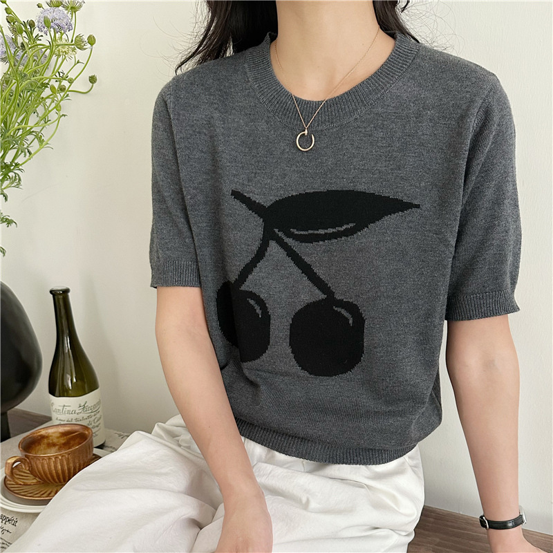 Fashion Contrast Color Cherry Jacquard Short-sleeved Sweater Women's Summer New Casual Loose Age-reducing Slimming Top T-shirt