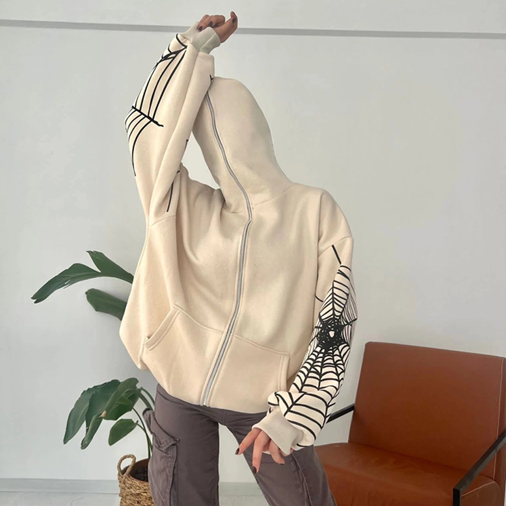 Cardigan con cappuccio con cerniera alla moda con stampa ragnatela autunno/inverno 2024 Nuovo INS_voghion.com