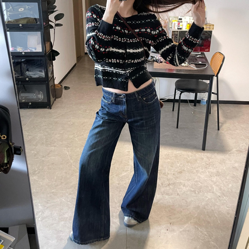 Niche alright Vintage dark blue Low-Rise Jeans Women's 005L Original Color Tannin Washed Straight Pants