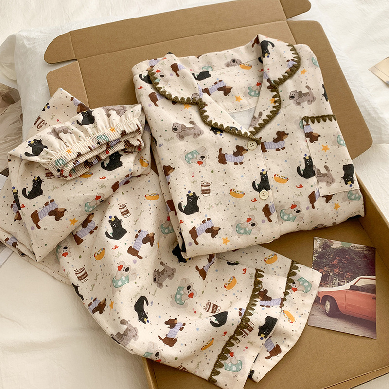 100% Pure Cotton Brushed Long-Sleeved Pajamas for Women, Spring and Autum New Style Ins Cartoon Kitten Suit Home Wear