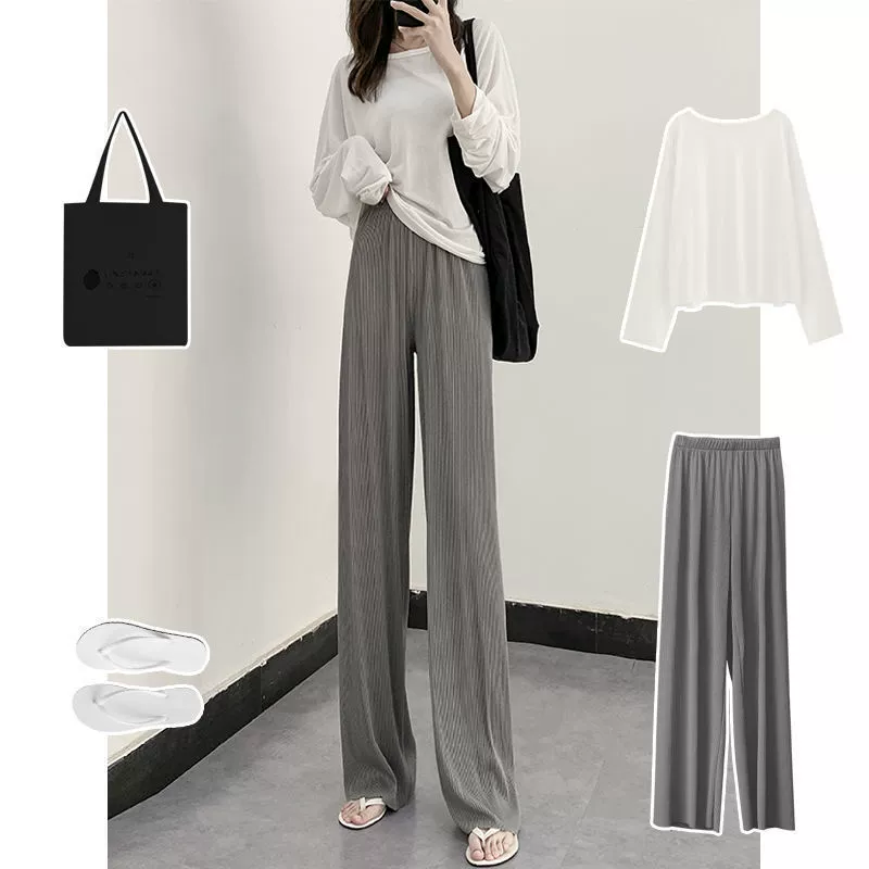 Удлиненные широкие брюки из ледяного шелка для женщин, летние тонкие драпированные брюки с высокой талией, прямые утягивающие трикотажные повседневные брюки длиной до пола