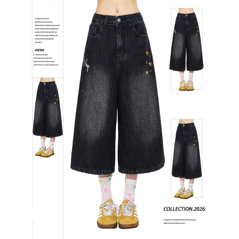 Trendy Retro Washed Denim Shorts with Star Embroidery for Women, Loose Fit, Slimming, Versatile Wide-Leg Capri Pants Trendy Retro Washed Denim Shorts with Star Embroidery for Women, Loose Fit, Slimming, Versatile Wide-Leg Capri Pants