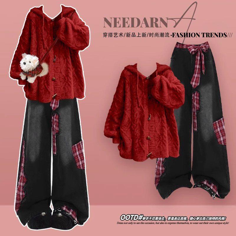 圣诞氛围感小香风红色毛衣套装巨好看的早秋装一整套韩系牛仔裤女