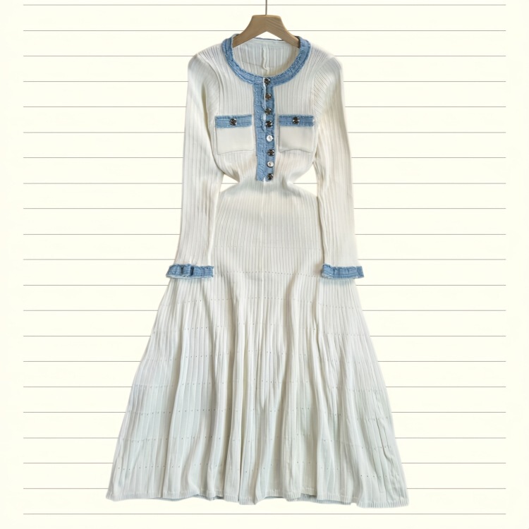 European and American Style New Long-Sleeved Denim Knitted Dress, Simple and Elegant Long Skirt, Slim-Fitting Long-Sleeved Sweater Dress European and American Style New Long-Sleeved Denim Knitted Dress, Simple and Elegant Long Skirt, Slim-Fitting Long-Sleeved Sweater Dress